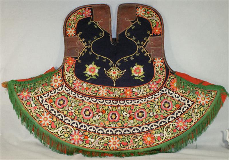 Appraisal: Persian embroidered horse cover x leather trimmed green fringed cloth