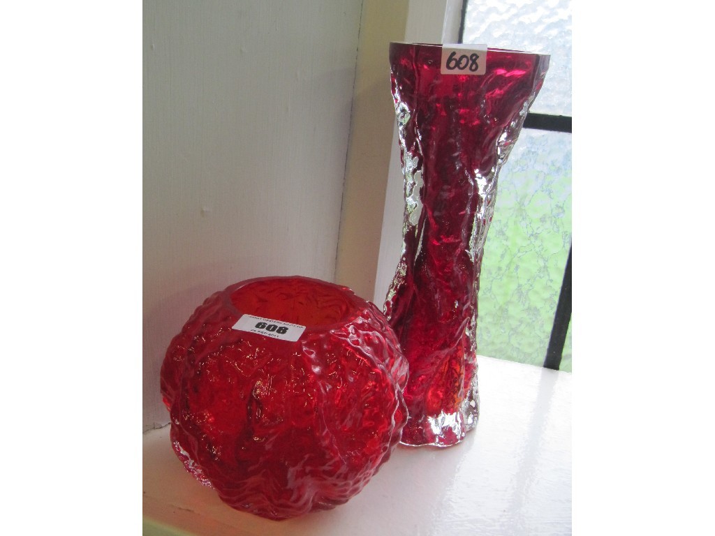 Appraisal: Two Whitefriars red glass bark vases