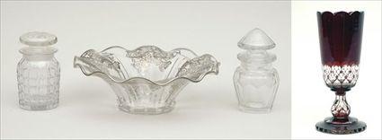 Appraisal: Ruby Overlay Glass Celery Vase Silver-Overlay Glass Lobe-Rimmed Bowl and