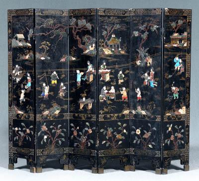 Appraisal: Chinese six-panel screen black lacquered wood inlaid with softstone glass