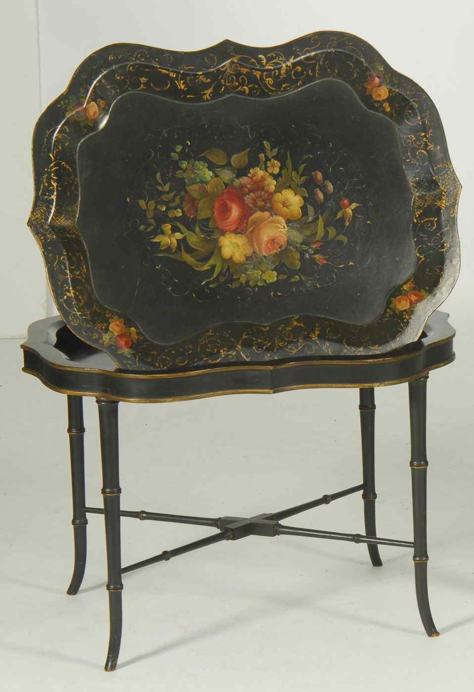 Appraisal: ANTIQUE CHIPPENDALE HAND-PAINTED TOLE TRAYCirca Tray with rose and floral