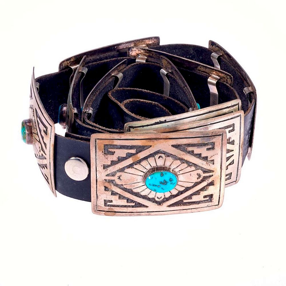 Appraisal: OLD PAWN CONCHO BELT Old Pawn Navajo concho turquoise silver