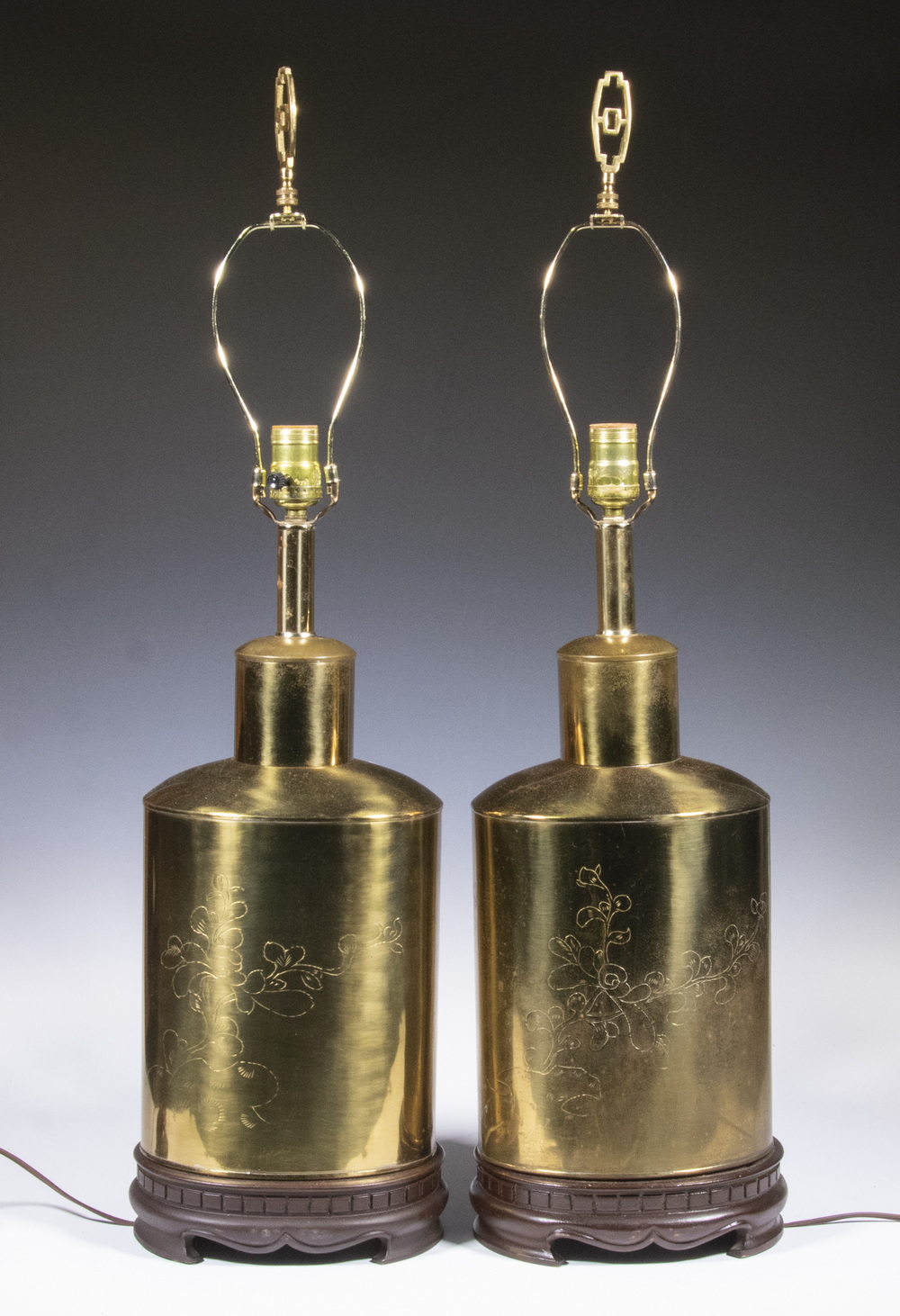 Appraisal: PR CHINESE BRASS TABLE LAMPS Pair of Oval Canister Form