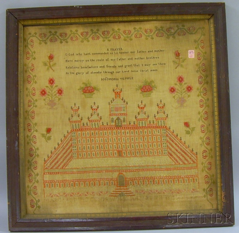 Appraisal: Framed th Century Needlework Sampler Depicting Solomon's Temple x in