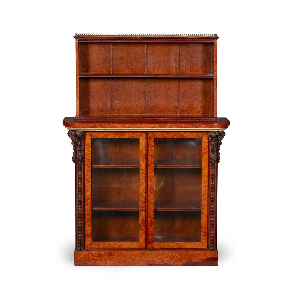 Appraisal: VICTORIAN AMBOYNA MAHOGANY AND PARCEL-GILT BOOKCASE CABINET MID TH CENTURY