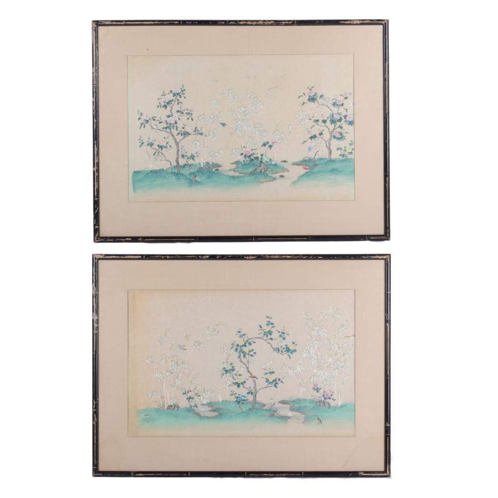 Appraisal: TWO ASIAN WATERCOLOR PAINTINGS WITH BLOSSOMS BAMBOO AND BIRDS X