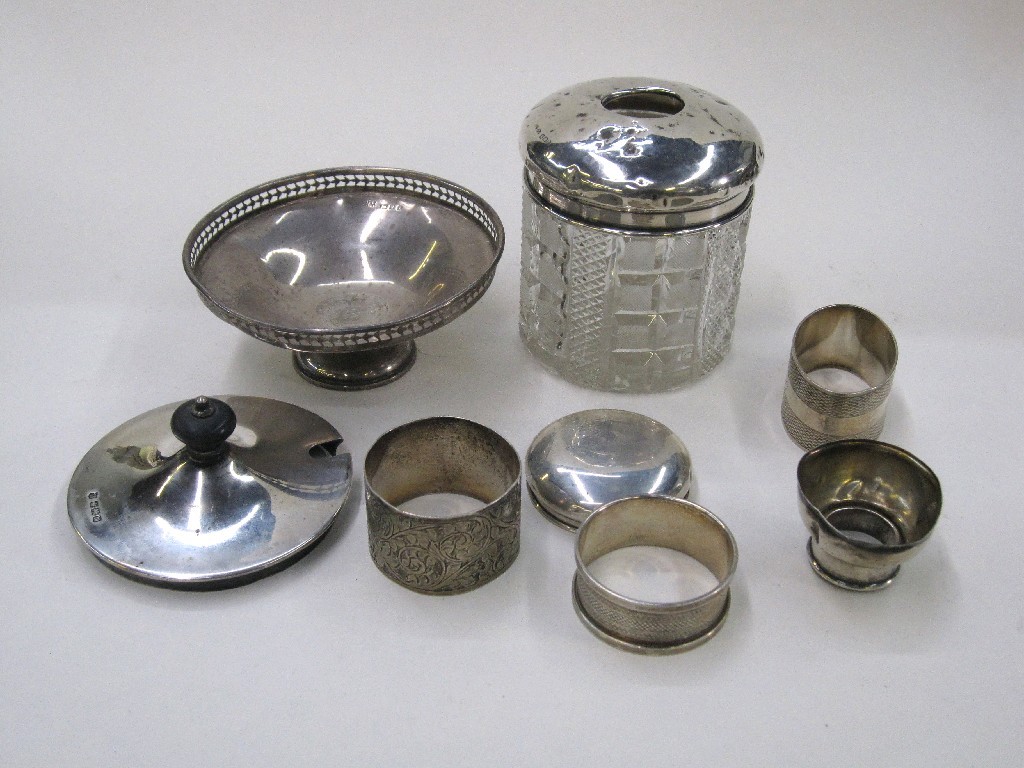 Appraisal: Lot comprising silver topped hair tidy three silver napkin rings