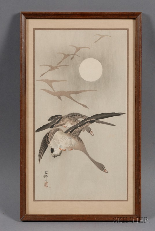 Appraisal: Ohara Shoson Geese Circling a Full Moon c signed and