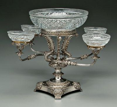 Appraisal: Silver plated epergne four scrolled and reeded arms shell and