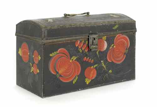 Appraisal: Large tole decorated tin dome lid document box h l