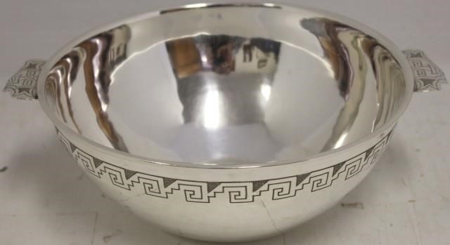 Appraisal: PERUVIAN STERLING HANDLED BOWL WITH INCA DESIGN TROY OZ HIGH