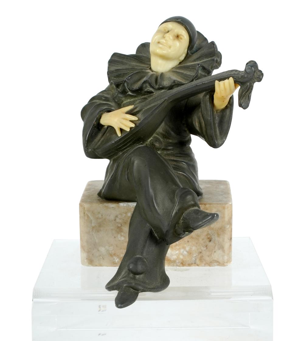 Appraisal: BRONZE PIERROT FIGUREunsigned mounted to marble with acrylic stand inches