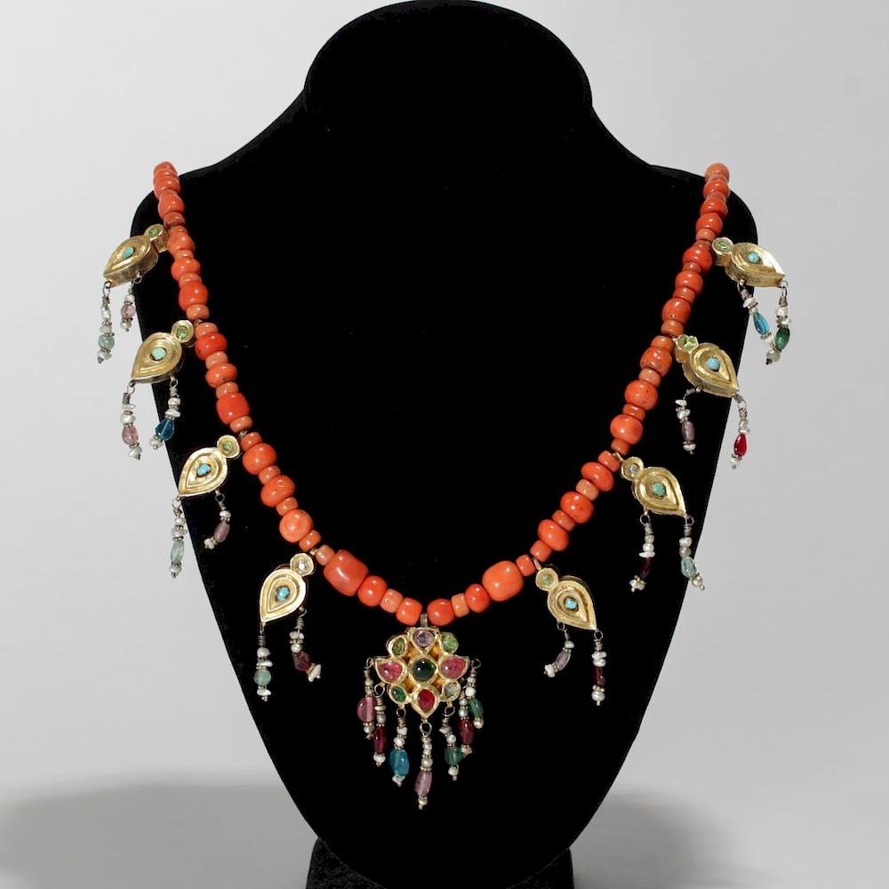 Appraisal: Indian Coral K K Gold Necklace w Faux Gems Indian