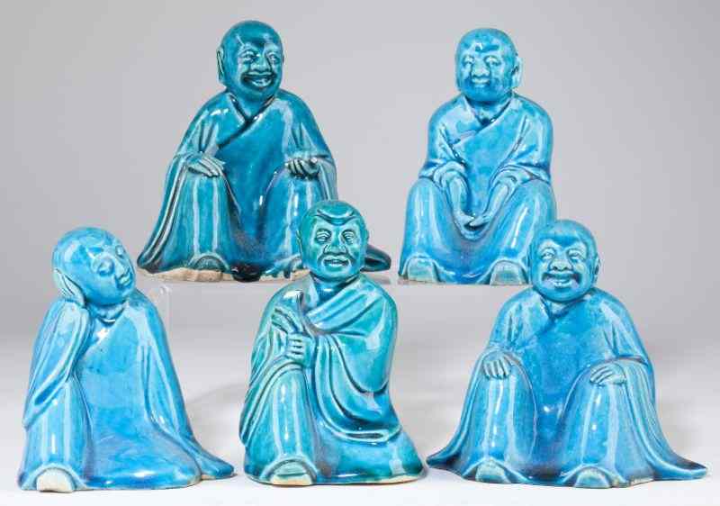 Appraisal: Five Chinese Turquoise Glazed Figuresexport porcelain early th century modeled