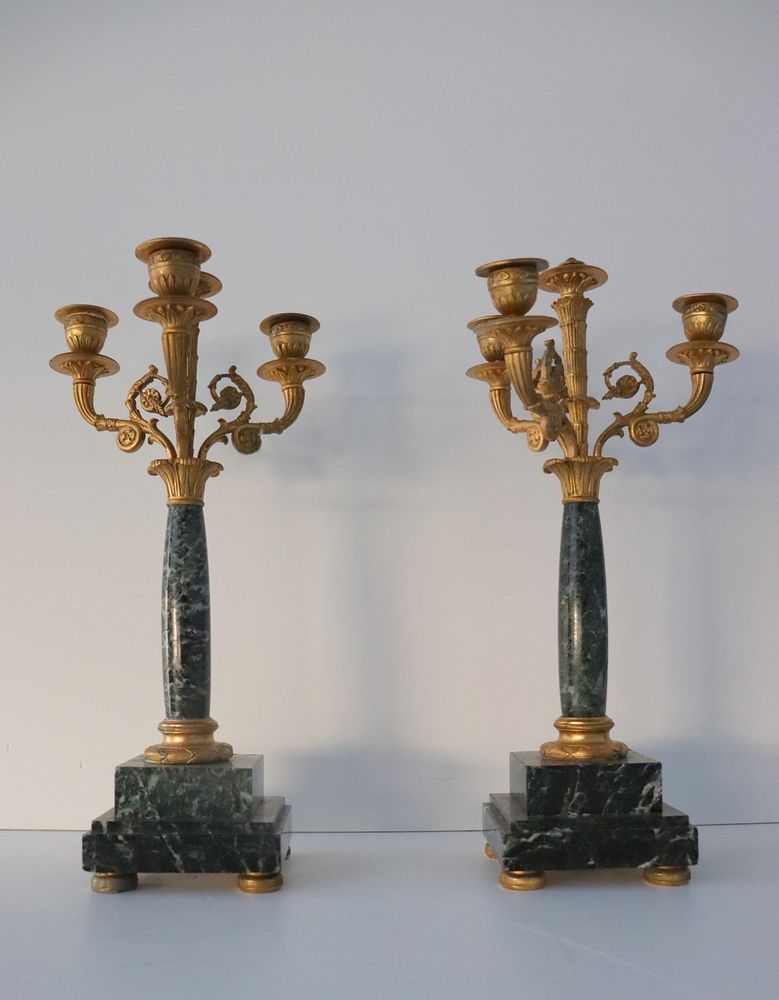 Appraisal: Fine Pair Of Gilt Bronze And Green Marble Candlebra From