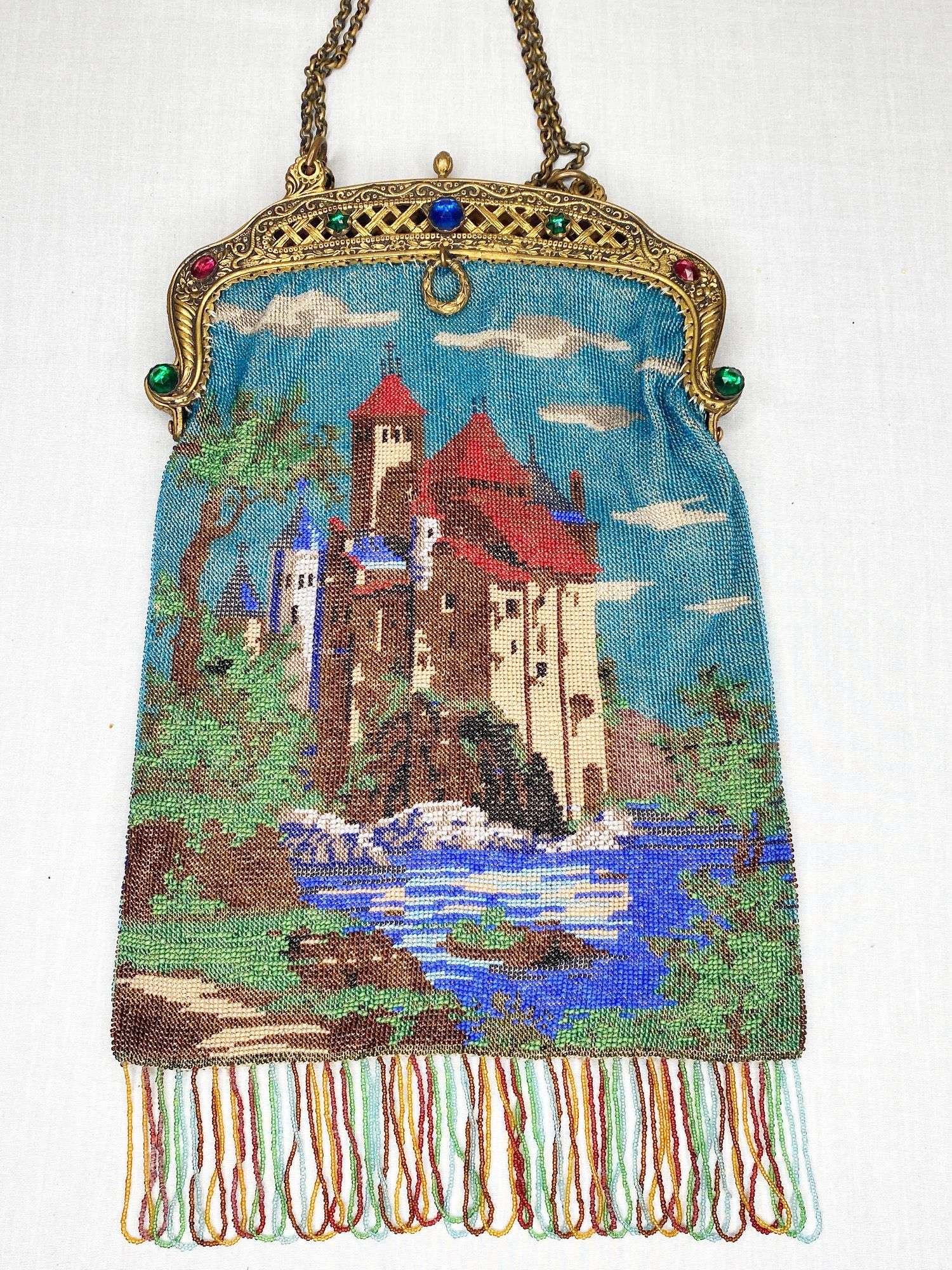 Appraisal: Micro Beaded Castle Hand Bag with Fancy Jeweled Frame long