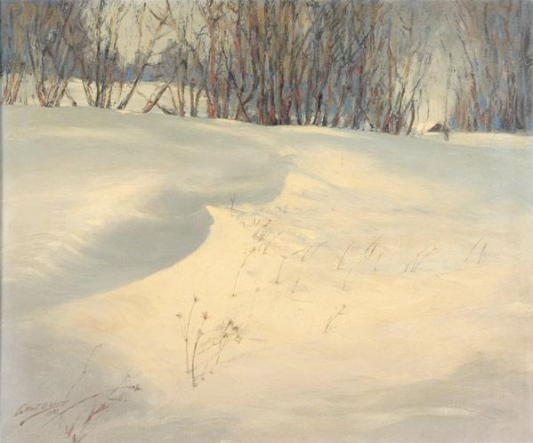 Appraisal: LAMONT WARNER Oil-on-canvas painting of a snowy field with cottage