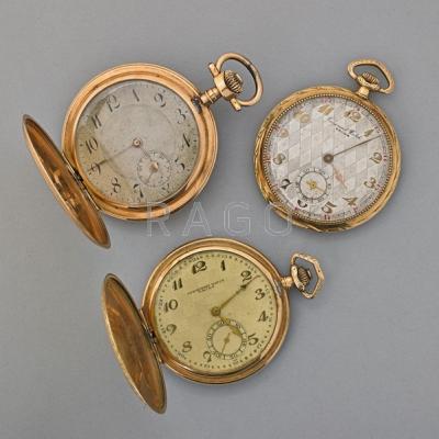 Appraisal: THREE SWISS K GOLD SLIM POCKET WATCHES th C Corgemont