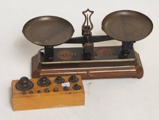 Appraisal: Iron and Brass Scale with Boxed Weights Scale L