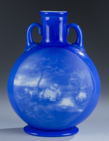 Appraisal: Blue Cameo Panel Glass Vase Blue Two-handled Vase with Cameo