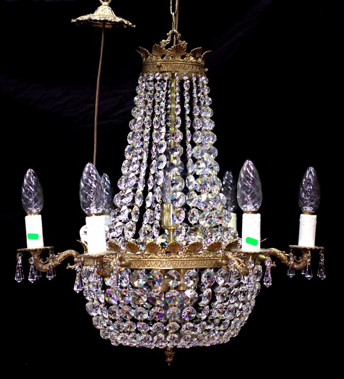 Appraisal: CONTINENTAL CUT-GLASS AND GILT-METAL SIX-LIGHT CHANDELIER th century cast with