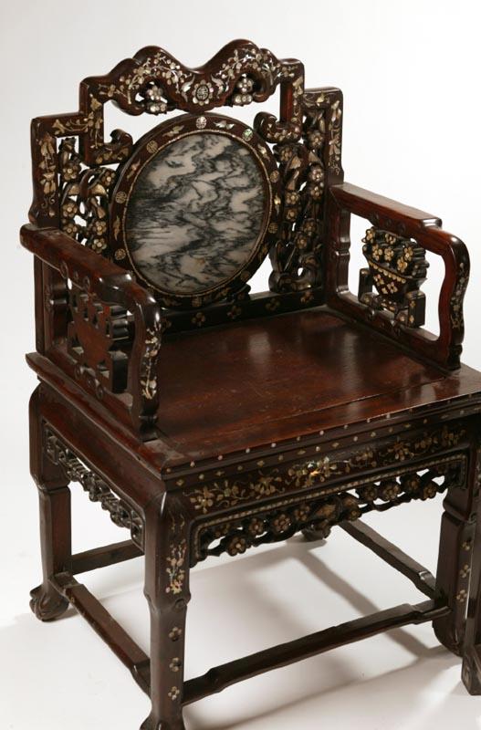 Appraisal: ARMCHAIR China late th-early th century wood marble and mother-of-pearl