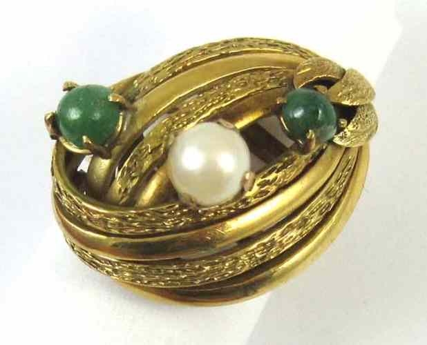 Appraisal: JADE PEARL AND FOURTEEN KARAT GOLD RING set with two