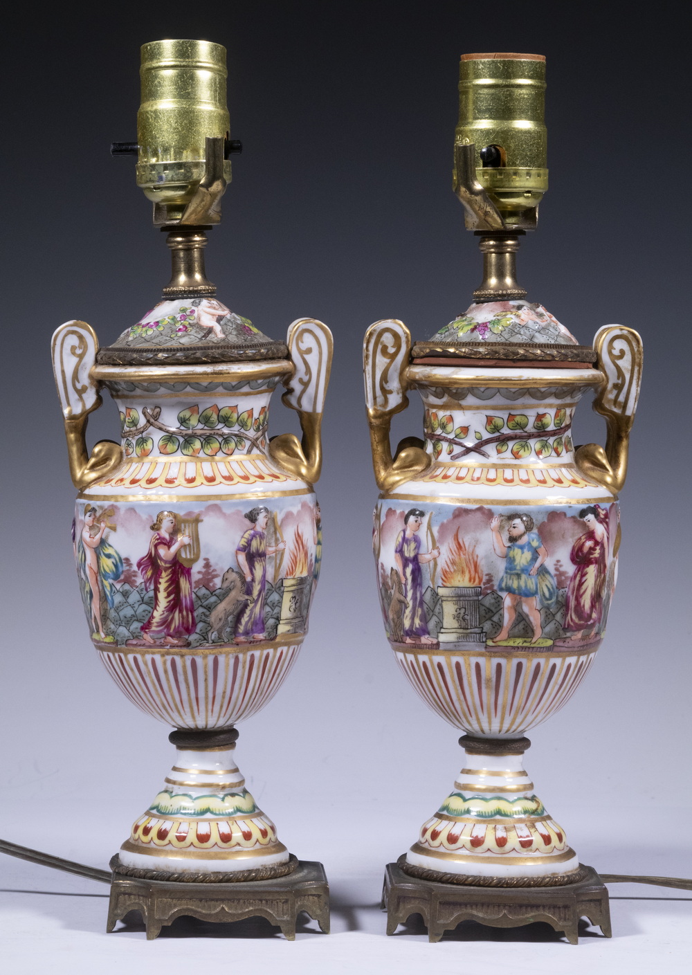 Appraisal: PR CAPODIMONTE URNS AS LAMPS Pair of Petite Italian Porcelain