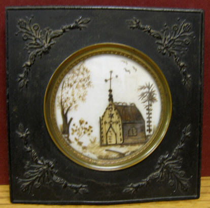 Appraisal: VICTORIAN MOURNING HAIR COMPOSITION Round miniature depicting a country church