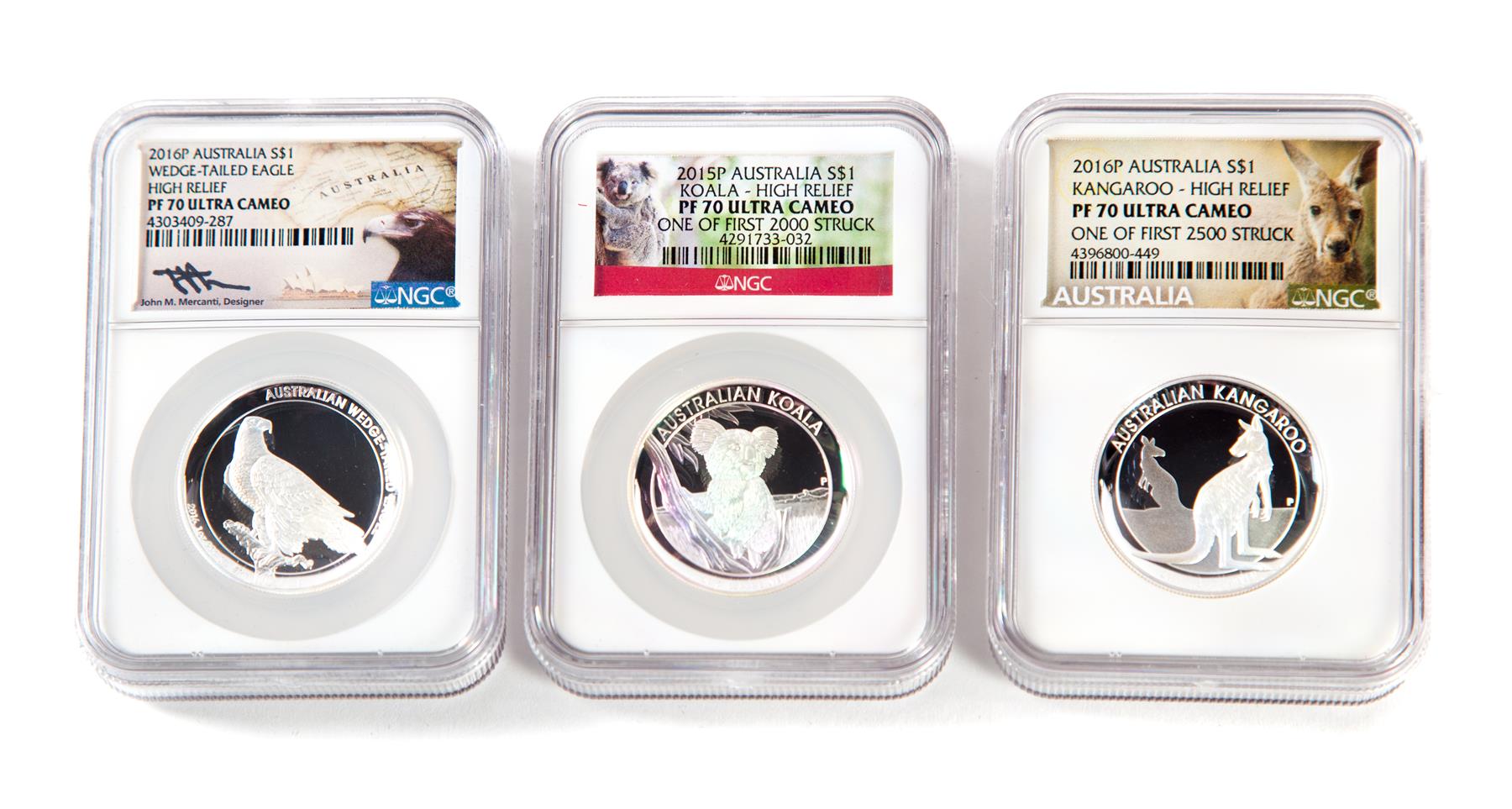 Appraisal: THREE SILVER AUSTRALIAN COINS P high relief Koala PF ultra