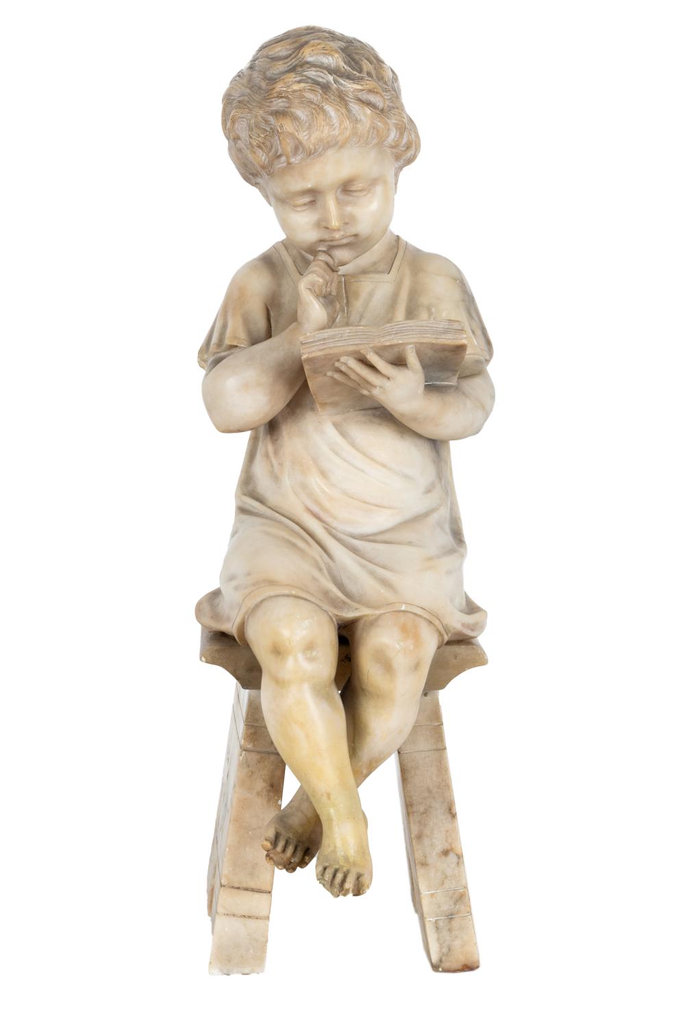 Appraisal: CARVED ALABASTER FIGURE CHILD READINGunsigned Condition missing a toe Restorations