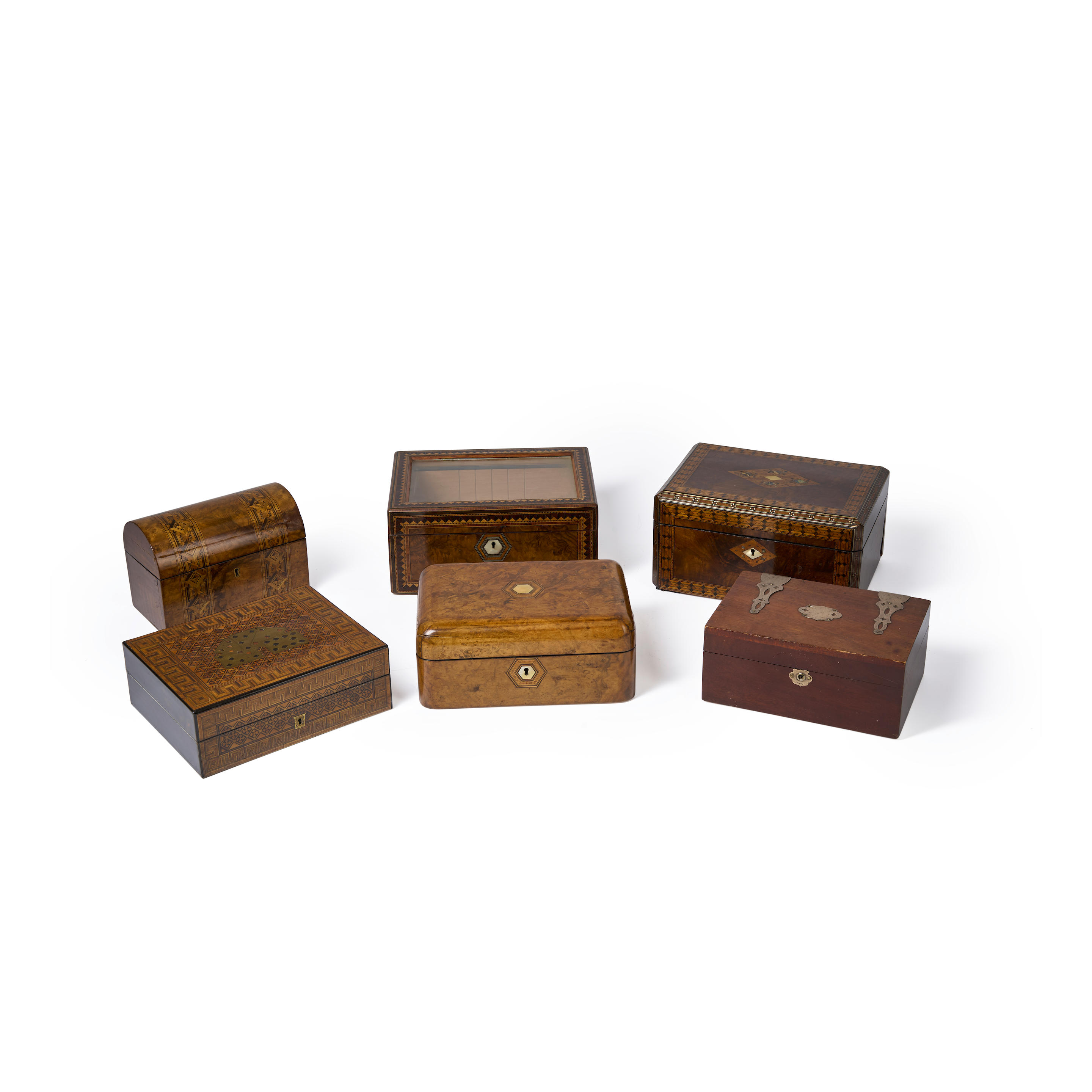 Appraisal: Five Inlaid Wooden Boxes and a Metal-Mounted Wooden Box mostly