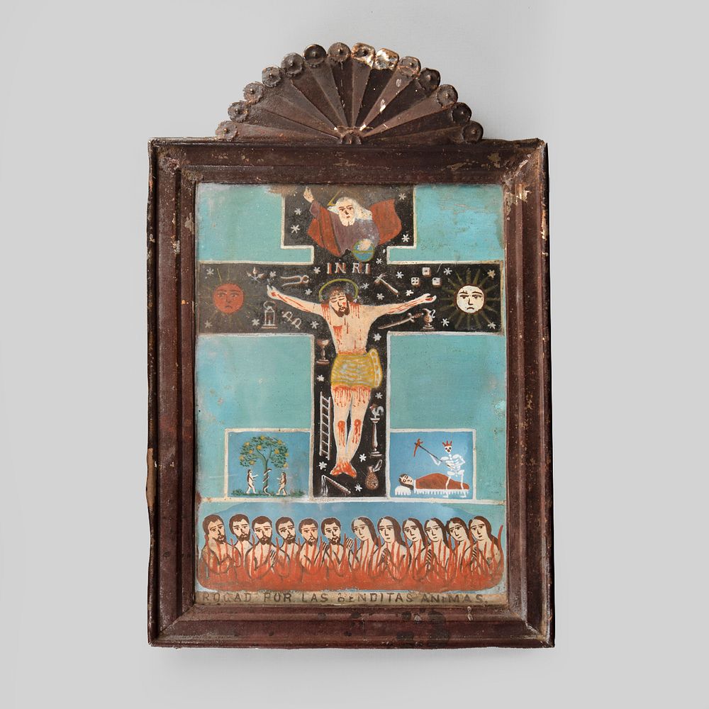 Appraisal: Mexico Tin Retablo with Reverse Painted Glass th Century Mexico