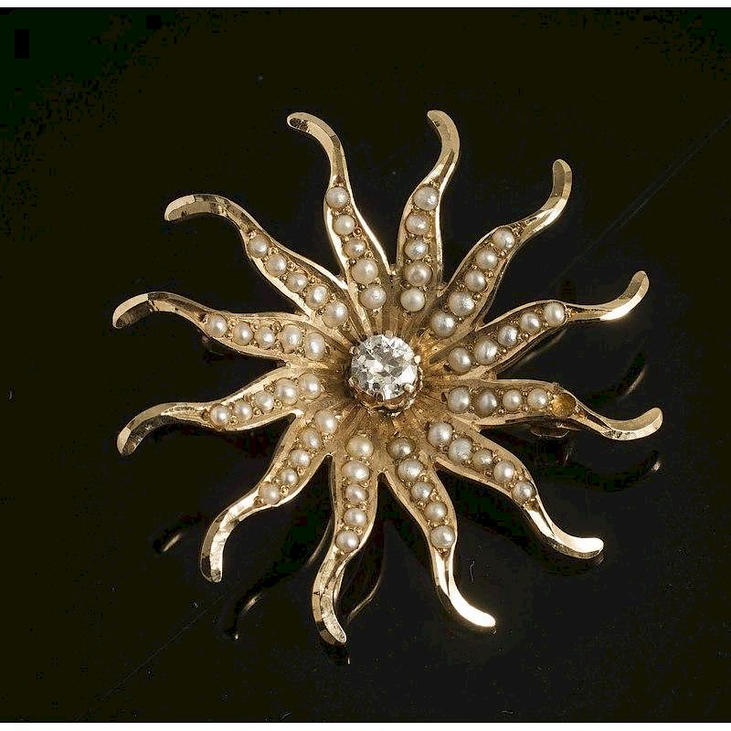 Appraisal: Diamond Pearl k Gold Brooch Sunburst form k gold brooch