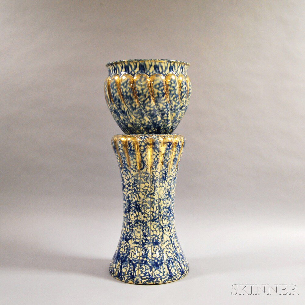 Appraisal: Lobed and Sponged Blue and Gilt Ceramic Jardiniere on Stand