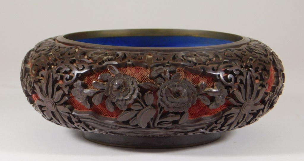 Appraisal: CHINESE COLOR CINNABAR LACQUERWARE BRASS BOWL China th CenturySquat form