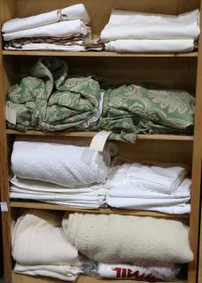 Appraisal: Three shelves of linens and blankets some bearing monogram RMS