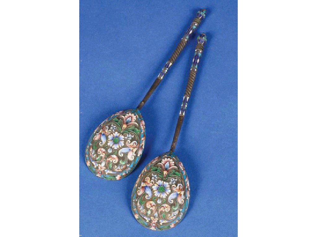 Appraisal: A PAIR OF RUSSIAN SILVER AND ENAMEL SPOONS with part