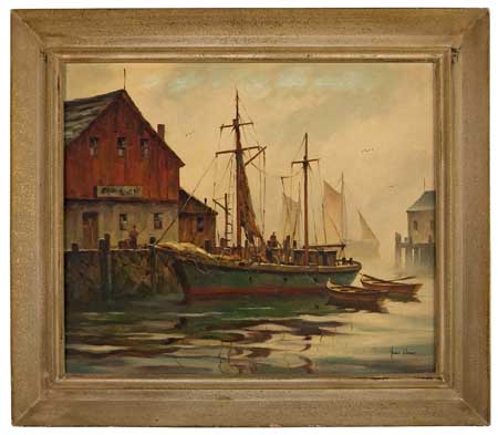 Appraisal: JOHN C HARE Harbor Scene Rockport Mass Oil on canvas