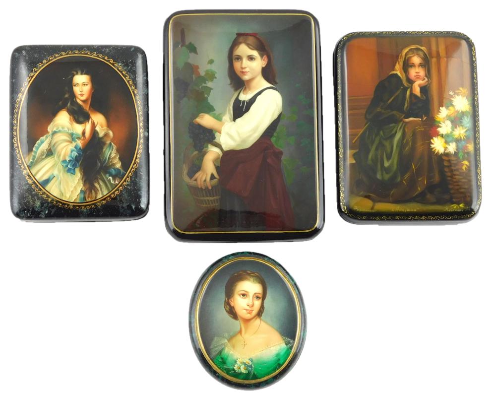 Appraisal: Russian hand-painted lacquer boxes group of four with portraits of