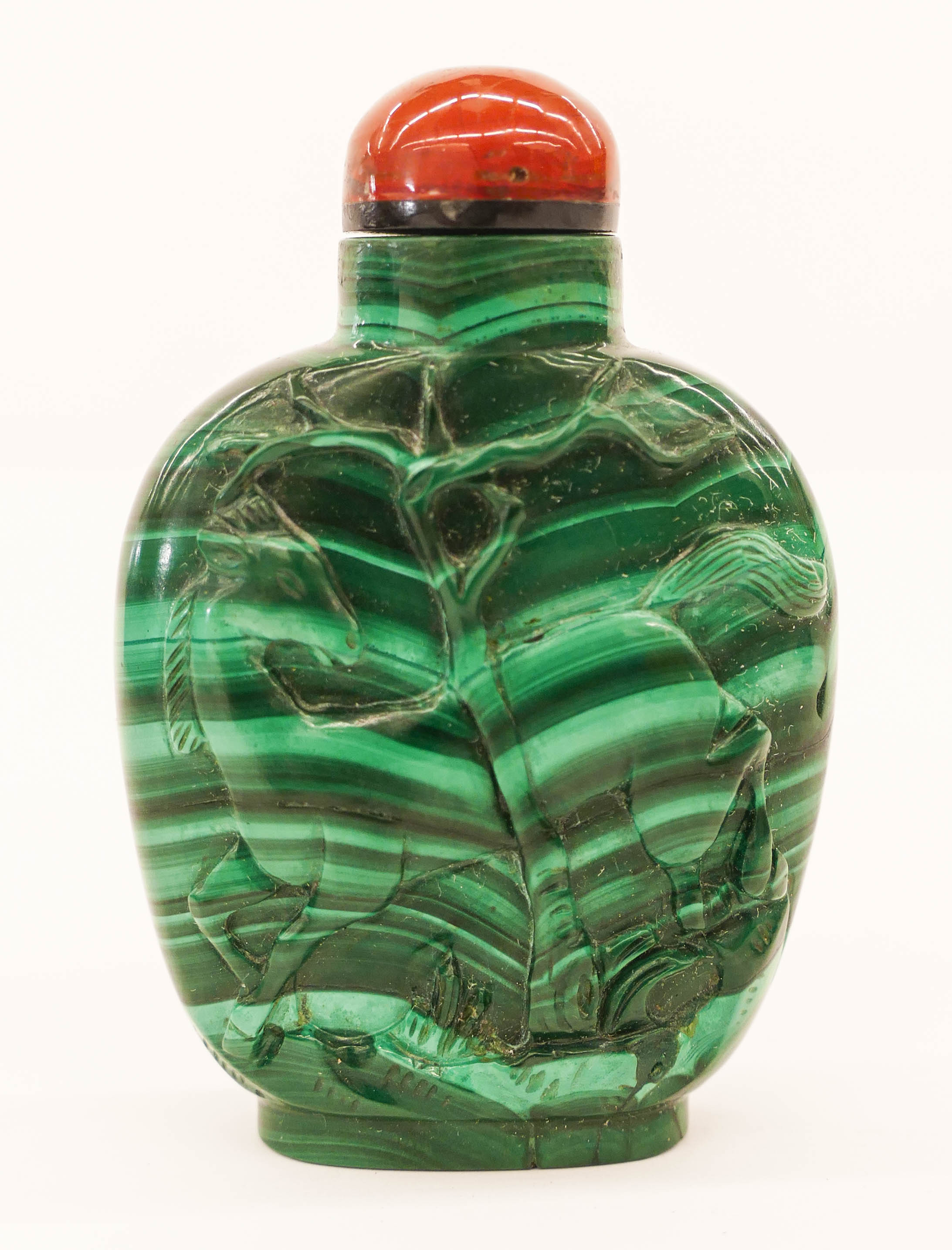 Appraisal: Chinese Qing Malachite Snuff Bottle '' Relief carved with horse