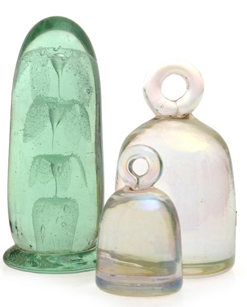 Appraisal: TWO BELL SHAPED LUSTRE GLASS PAPERWEIGHTS AND ONE GREEN GLASS