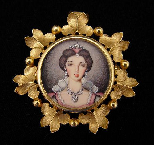 Appraisal: K PAINTED PORCELAIN PORTRAIT BROOCH k yellow gold brooch centering