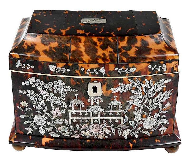 Appraisal: Regency Tortoise Shell Inlaid Tea Caddy British two compartment swell-front