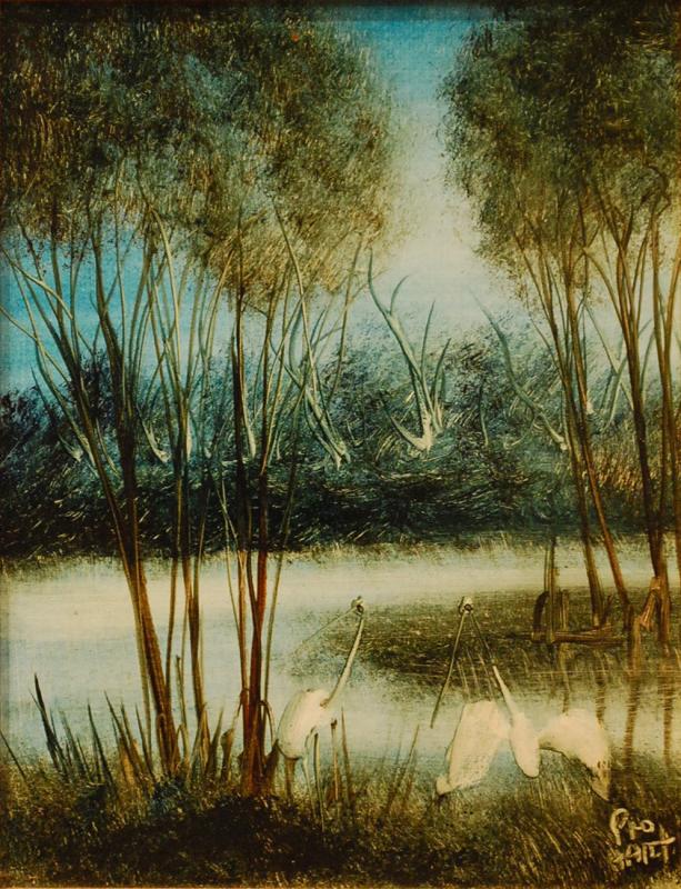 Appraisal: PRO HART SWAMP BIRDS OIL ON BOARD X CM SIGNED