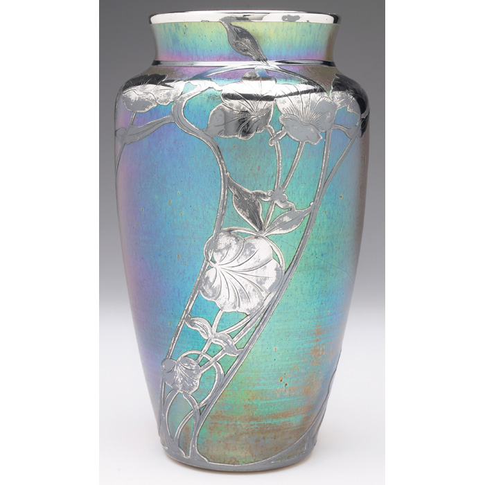 Appraisal: Loetz Silberis vase shouldered shape with an elaborate silver overlay