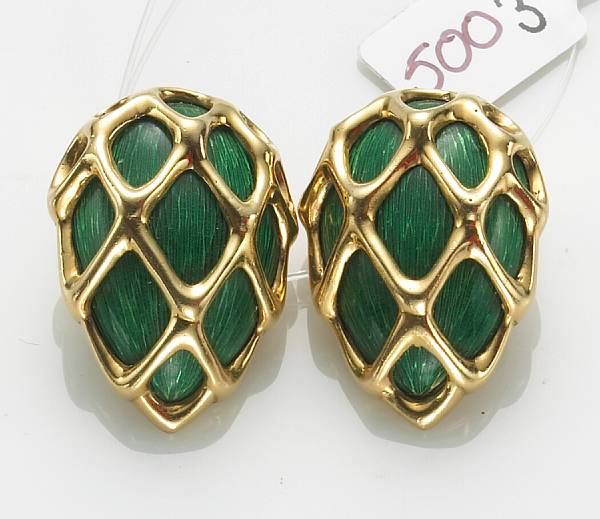 Appraisal: A pair of enamel and k gold earrings Italy chip