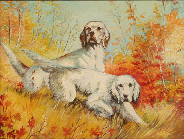 Appraisal: Fall scene with two English Setters sporting hunting dogs oil