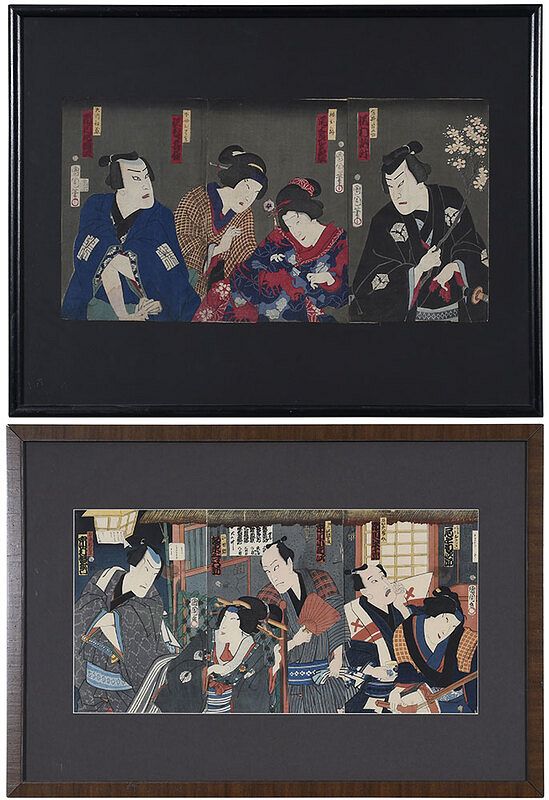 Appraisal: Toyohara Kunichika Japanese - two yakusha-e triptychs signed Kunichika hitsu