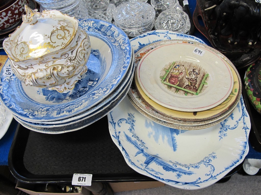 Appraisal: Staffordshire Punch and Judy plate Victorian tureen and assorted plates